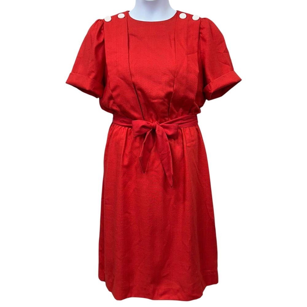 VTG Leslie Fay Dress Womens L Red Belted Short Sleeve Buttons 80s Linen Look